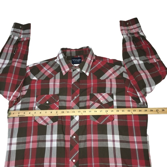 Wrangler Western ‎Pearl Snap Brown Red Plaid Long Sleeve Shirt - Men’s XL - Picture 3 of 13